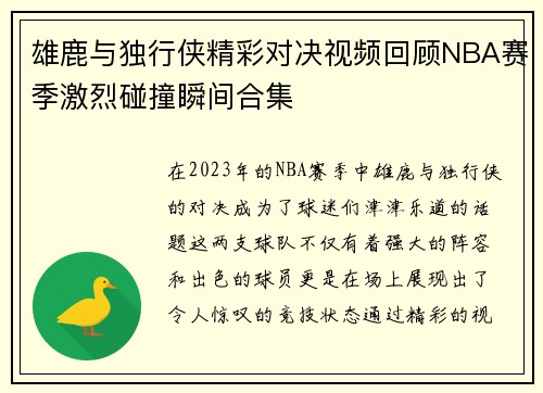 雄鹿与独行侠精彩对决视频回顾NBA赛季激烈碰撞瞬间合集